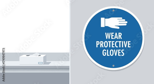 Essential health and safety illustration featuring a prominent 'Wear Protective Gloves' sign, emphasizing hygiene and protection protocols in a clean environment