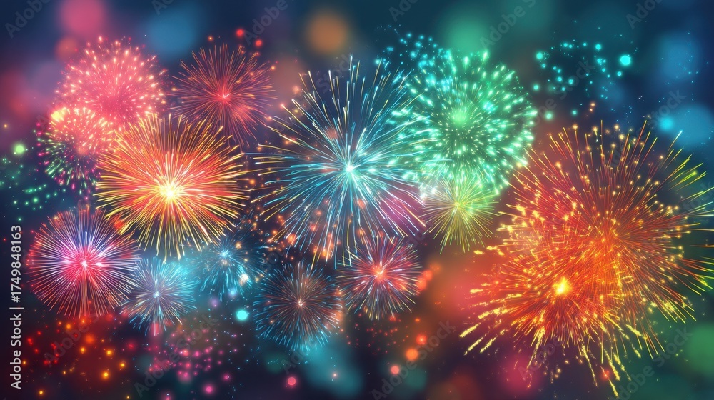 Naklejka premium Colorful fireworks exploding in a dark sky, creating a festive and celebratory atmosphere with vivid vibrant colors.