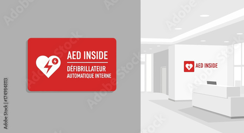 Vector illustration of an automated external defibrillator sign mounted in a modern office lobby for emergency first aid and public safety