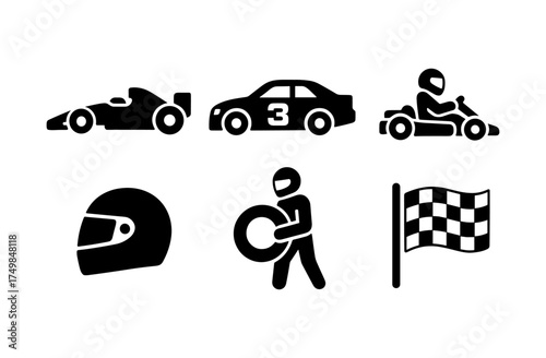 Racing icons set featuring cars, helmet, pit crew, and checkered flag