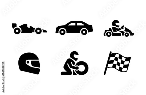 Silhouette icons of racing cars and equipment for motorsports