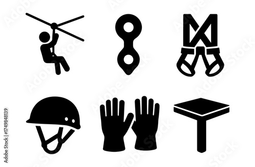 Adventure gear icons: zipline, climbing, safety equipment in black silhouette