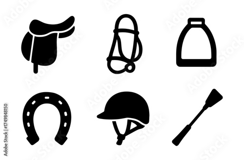 Equestrian equipment icons set: saddle, bridle, stirrups, horseshoe, riding helmet, crop in solid style