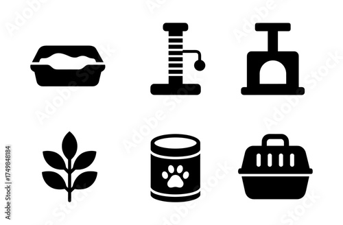 Pet supply icons: litter box, scratching post, food, carrier, plant silhouettes