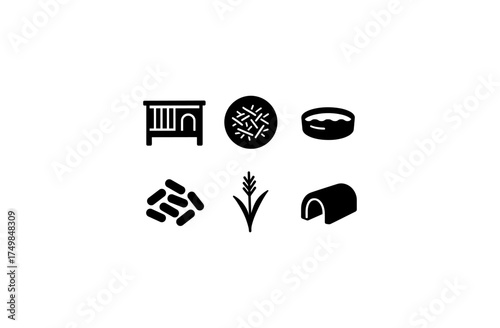 Pet icons set: cage, food bowl, medicine, hay, grain, shelter