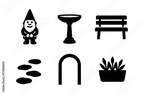 Garden icon set: gnome, birdbath, bench, stone path, archway, potted plant silhouettes