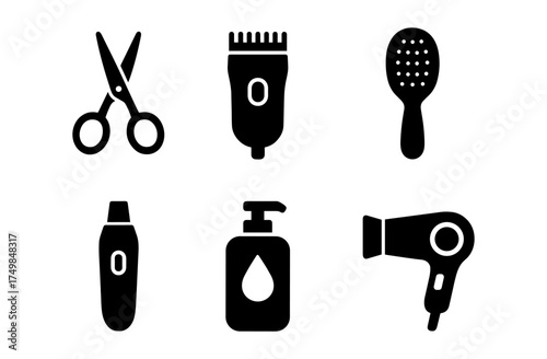 Essential hair salon tools set in minimal silhouette style for professional styling