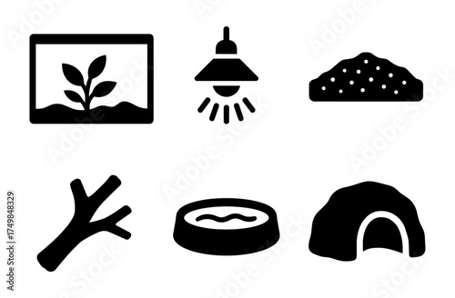 Black icon set: reptile habitat essentials for home and garden use