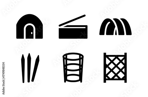 Minimalist garden tool and structure icons set in black silhouette style