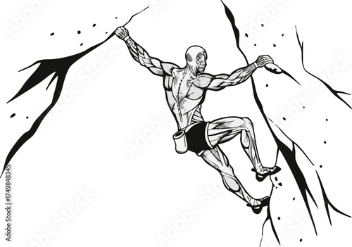 Illustration of a muscular man rock climbing, gripping the rock face with outstretched arms and legs, showcasing strength and determination.