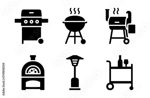 Silhouette icons of barbecue grills and outdoor cooking equipment