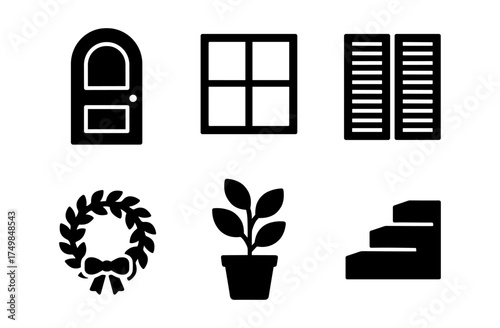 Minimal home icons set featuring door, window, shutters, wreath, plant, and stairs in black silhouette style