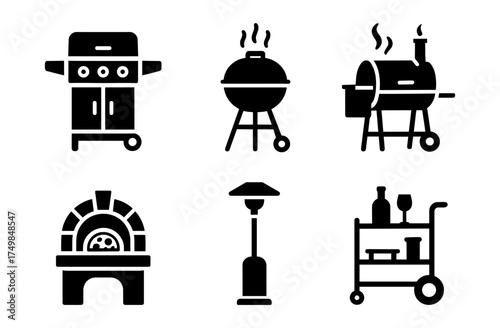 Silhouette icons of outdoor cooking equipment and garden accessories