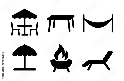 Outdoor furniture and camping symbols collection in silhouette style
