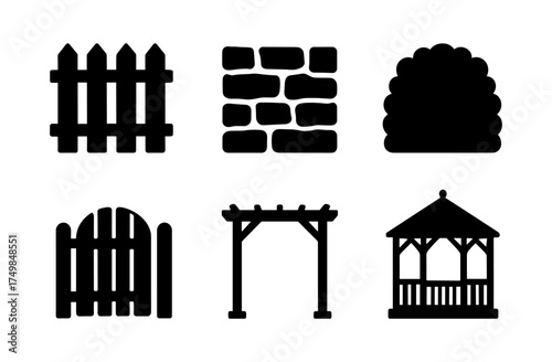 Silhouette garden elements: fence, wall, archway, gazebo, gate, trellis