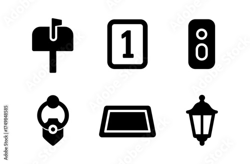 Minimalist black icons: mailbox, number, light switch, doorknocker, door mat, lantern