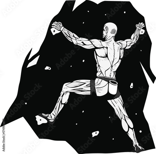 Illustration of a muscular figure climbing a rock wall, showcasing detailed anatomical muscle structure against a dark background.