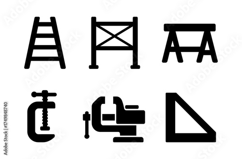 Black construction tool icons: ladder, scaffolding, sawhorse, clamp, vice, square