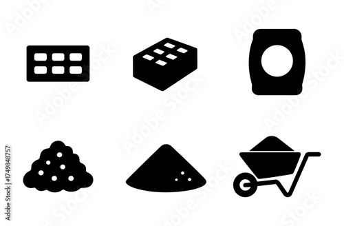 Construction icons set: bricks, cement, sand, and wheelbarrow silhouette