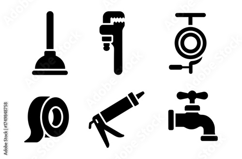 Plumbing tools icons set featuring silhouette designs of wrench, plunger, tape, and faucet