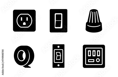 Set of electrical icons: outlet, switch, wire nut, tape, switch plate, circuit breaker