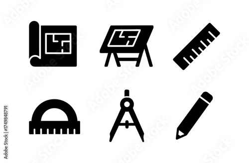 Black and white icon set of drafting tools for architects and designers