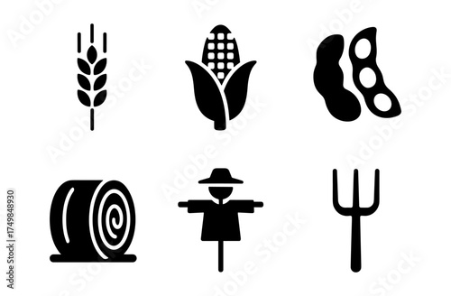 Farming essentials icons: corn, wheat, soy, hay, scarecrow, pitchfork in bold style