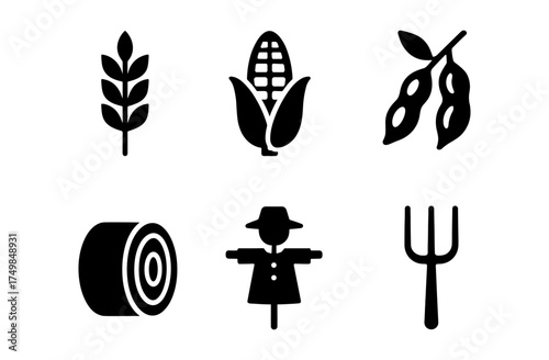 Silhouette icons of farming tools and crops: corn, soy, wheat, hay, scarecrow, pitchfork