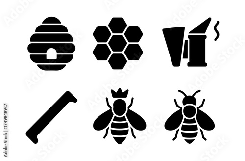 Minimalist icons depicting beekeeping tools and symbols in solid black