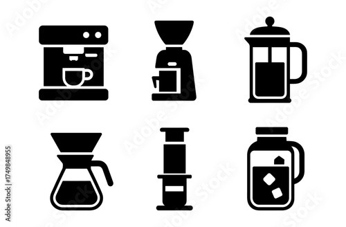 Collection of coffee brewing icons in modern silhouette style featuring coffee makers and tools
