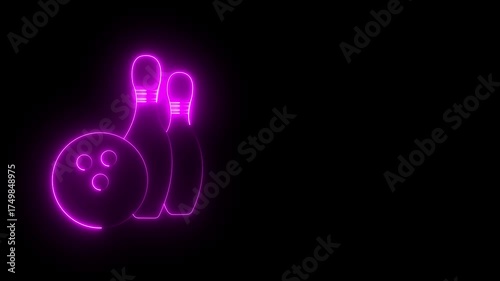 Glowing neon Bowling pin and ball icon isolated on black background.  Juggling clubs, circus skittles Sport equipment. 4K Video motion graphic animation .
