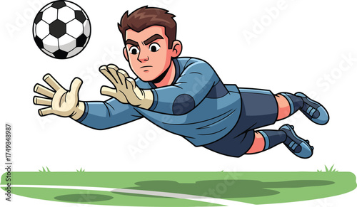 An energetic and expressive cartoon depicting a male soccer player, the goalkeeper, in the midst of a powerful dive to intercept a ball