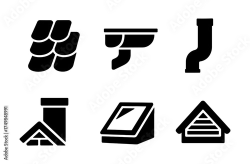 Set of silhouette roof and gutter icons for construction and architecture design