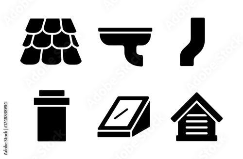 Silhouette icons of roofing and gutter elements for construction design