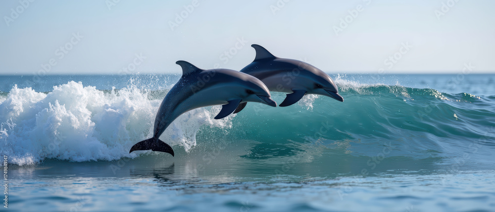 Obraz premium Dolphins jumping over ocean waves create lively scene of marine life and nature beauty. Their playful nature brings joy and excitement