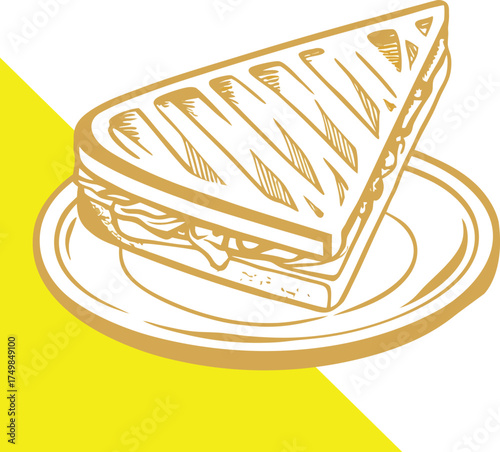 A golden sketch of a triangular sandwich resting on a small plate