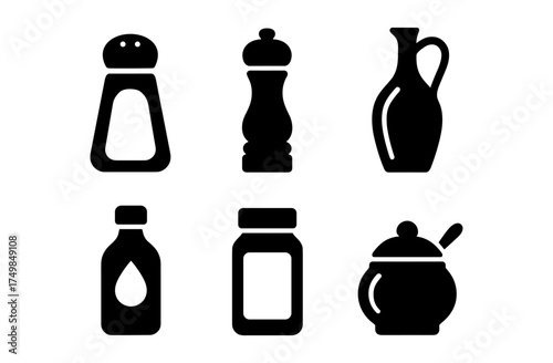 Silhouette icons of kitchen condiment containers in black and white