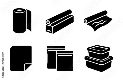 Silhouette icons of kitchen packaging: paper towel, foil, wrap, and containers