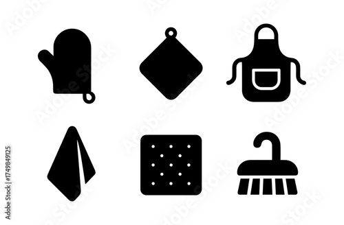 Kitchen accessories icons set: mitten, apron, brush, and more