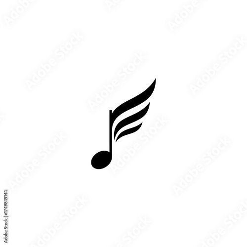 Whimsical music note with stylized wings in black on a white background