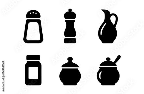Silhouette icons of kitchen condiment containers and utensils