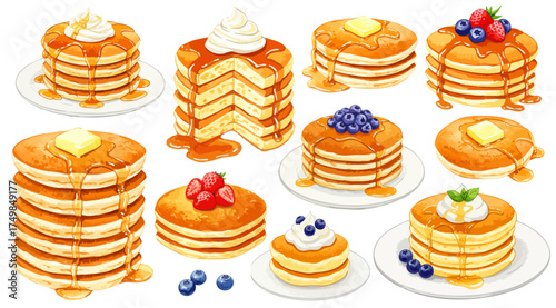 パンケーキ（ホットケーキ）のイラストセット,スイーツ,メープルシロップ,ベリー,朝食,水彩風