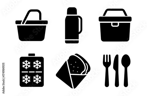 Silhouette icons of picnic essentials: basket, thermos, cooler, ice pack, sandwich, utensils