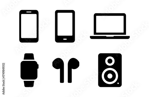 Minimalist gadget icon set featuring smartphone, tablet, laptop, smartwatch, earbuds, and speaker
