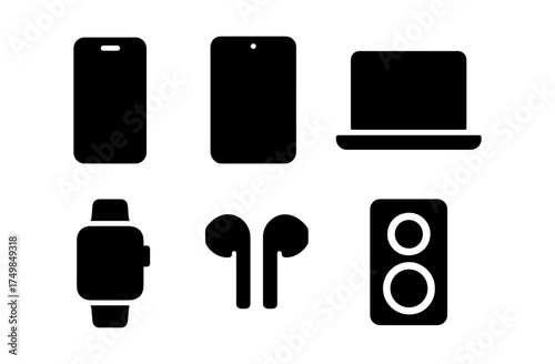 Silhouette icons of modern devices: smartphone, tablet, laptop, watch, earbuds, speaker