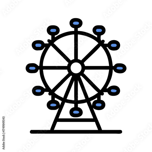 Ferris wheel icon in minimal style with blue accents and attractions  