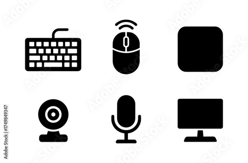 Black computer device icons: keyboard, mouse, monitor, webcam, microphone, touchpad