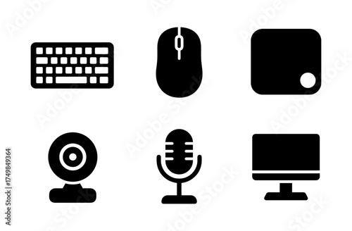 Minimalist black icons of computer accessories: keyboard, mouse, and more