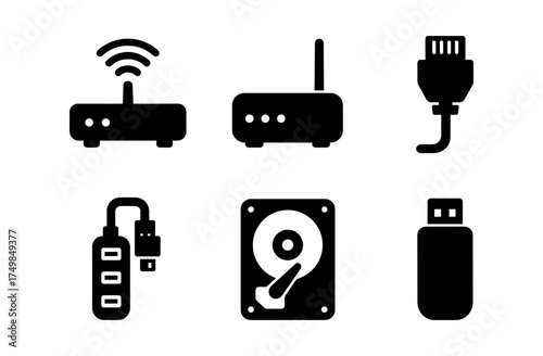 Essential technology devices icons set featuring silhouette designs for connectivity and storage