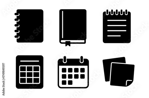 Silhouette icons of office notebooks and calendars for organizing and planning